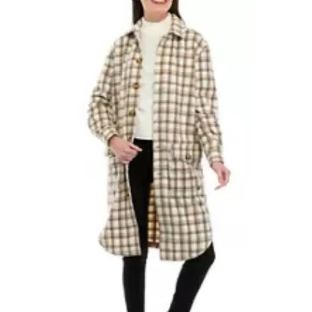 Buffalo David Bitton Large Flannel Cream Brown Plaid Long Line Shacket Cabincore